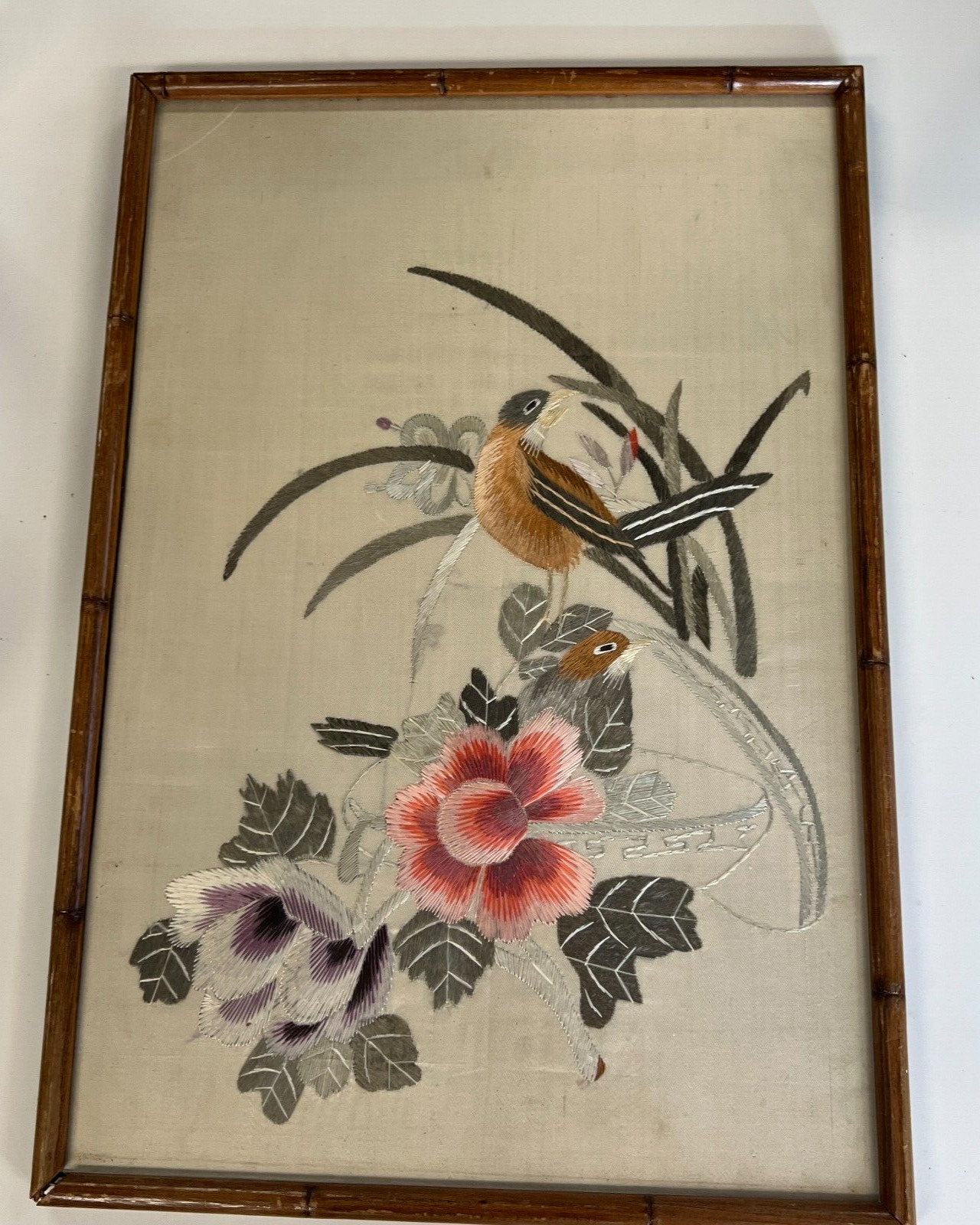 2 Vintage Chinese Silk Embroidered Cranes Art damaged