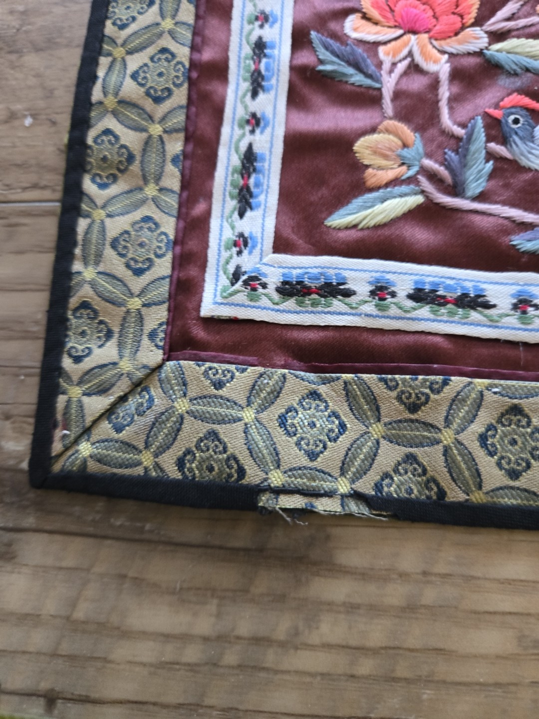 Vintage Chinese Hand Embroidered Silk Panel Butterfly & Flowers 11″x10 1/4″