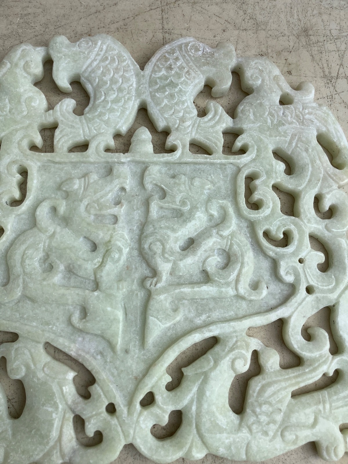 9.5″ Chinese OLD HAND CARVED JADE GREEN ONYX Plaque DRAGONS PHOENIX FISH