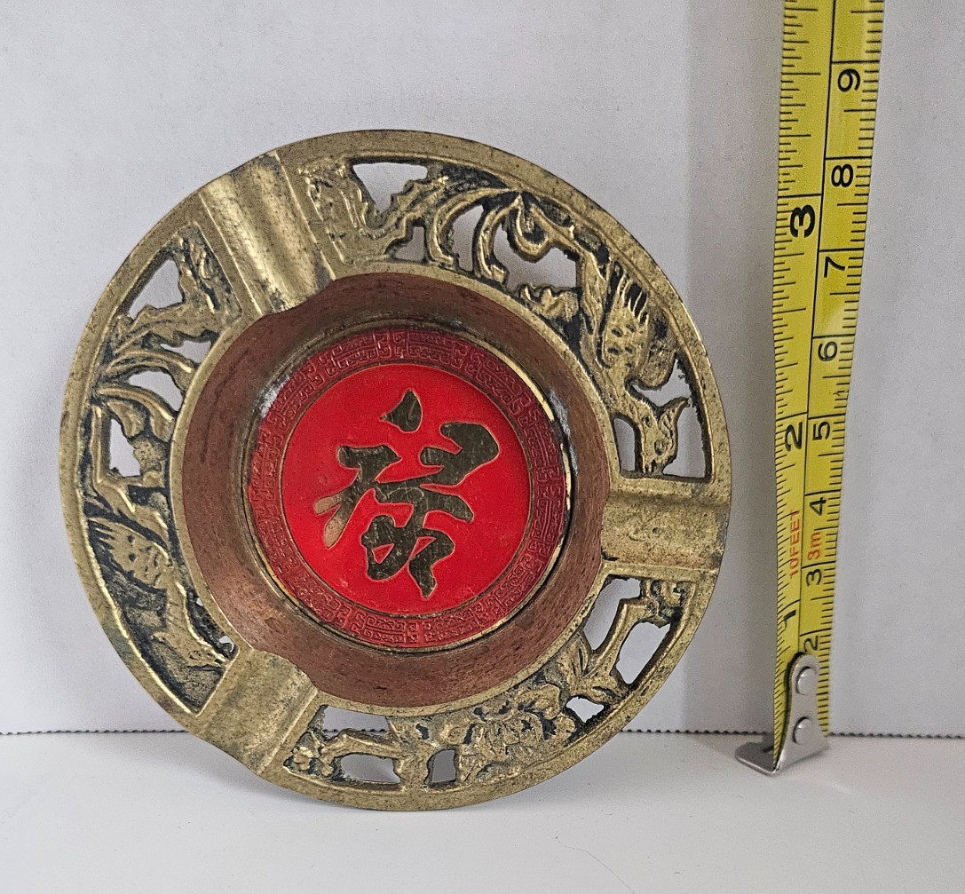 Vintage Chinese Brass Red Enamel Shou Long Life Ashtray Phoenix Birds 3.25″