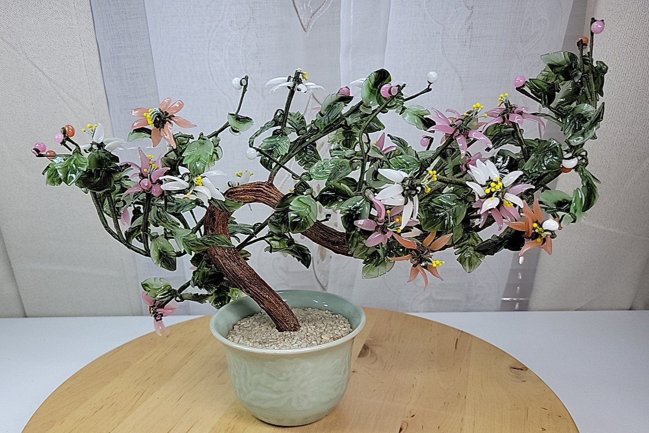 VTG Chinese Flowering Plastic Glass Jade Bonsai Tree Celadon Porcelain Cachepot