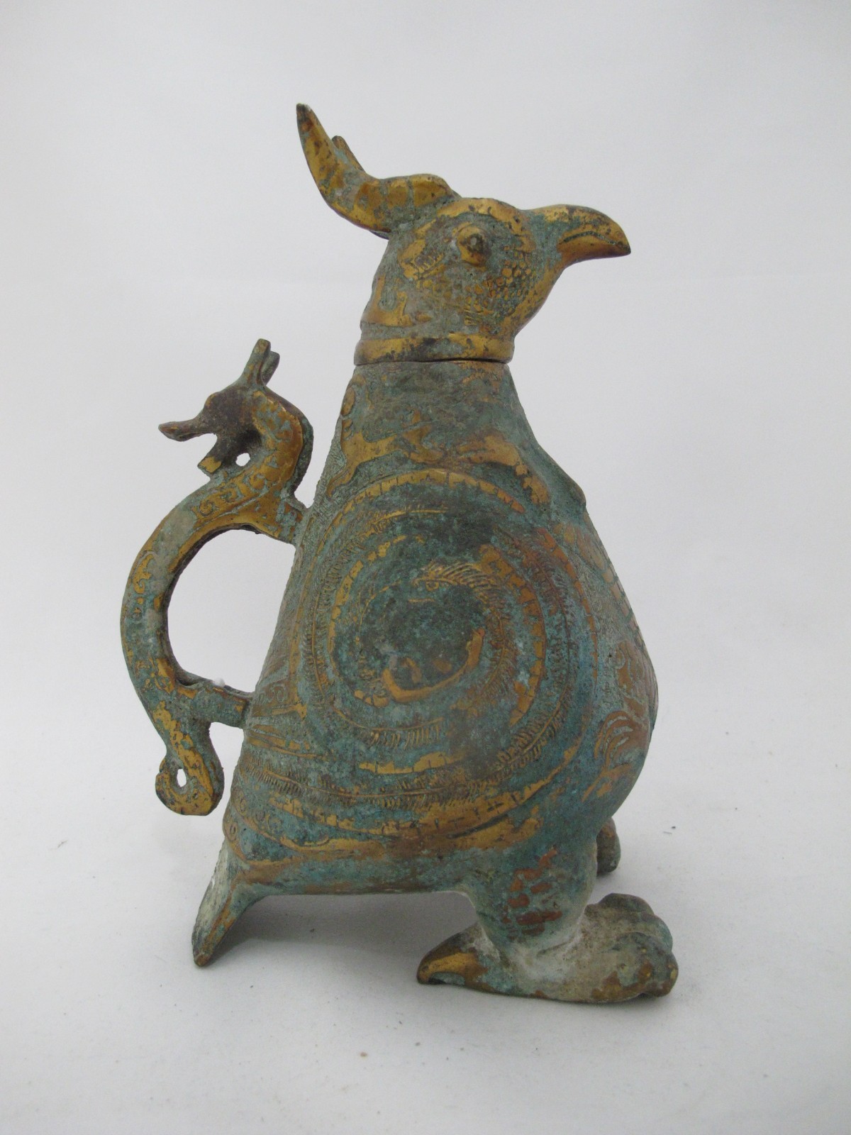 CHINESE Archaic BIRD Bronze Ware Gold Toad Accent Ritual WINE Vessel Pitcher