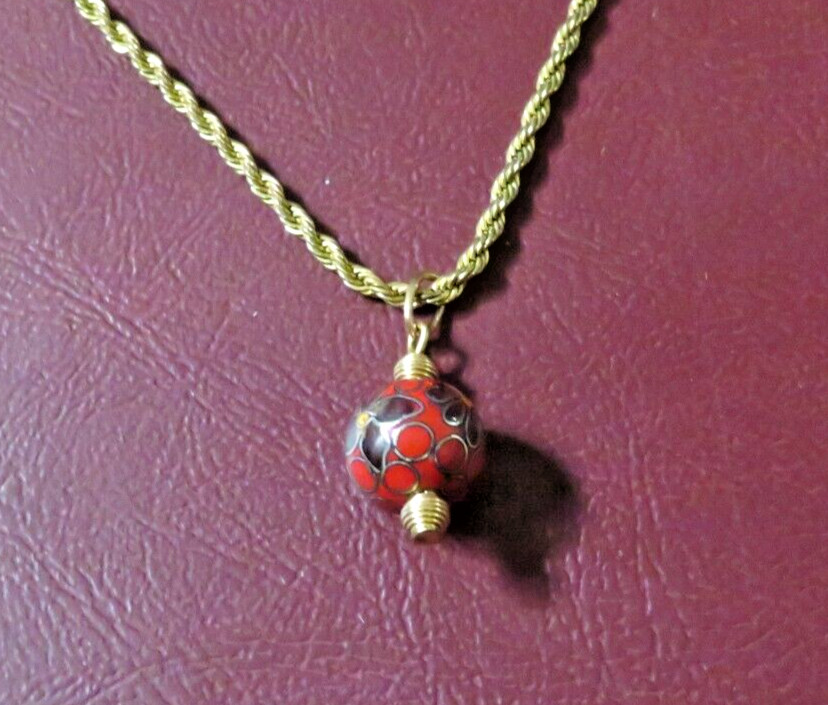 Vintage Asian Style Necklace w/ 17″ Braided Chain and Red Cloisonne Pendant
