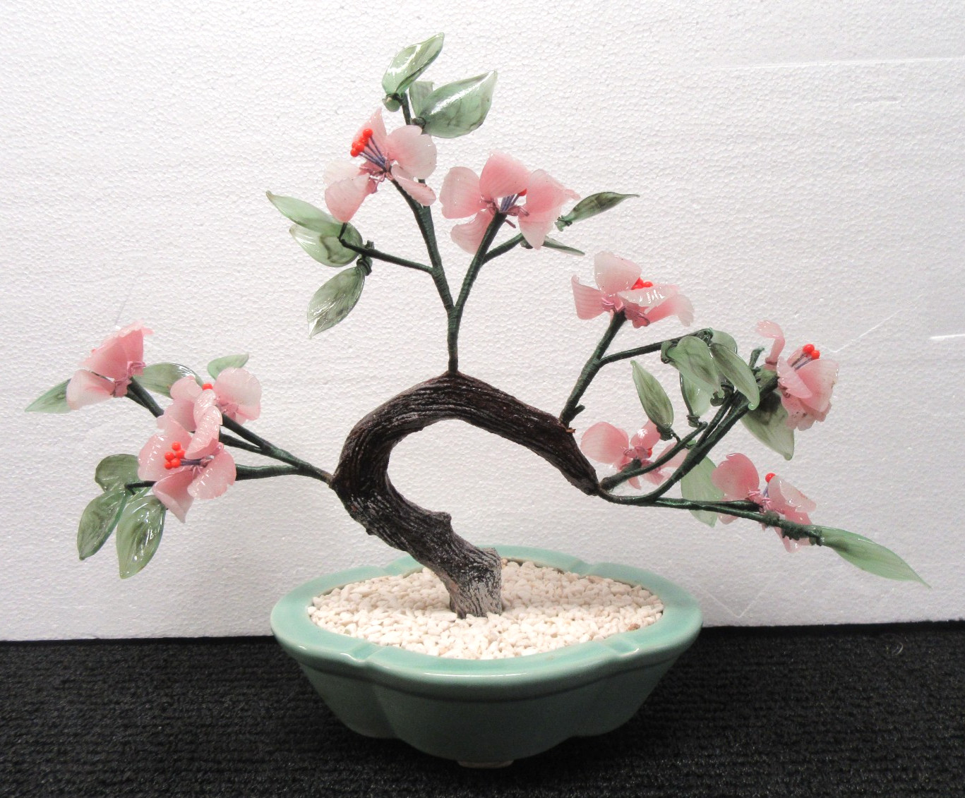 Vintage Chinese Jade Glass Bonsai Tree 14″ Wide x 11″ Tall Pink Flowers #ROM