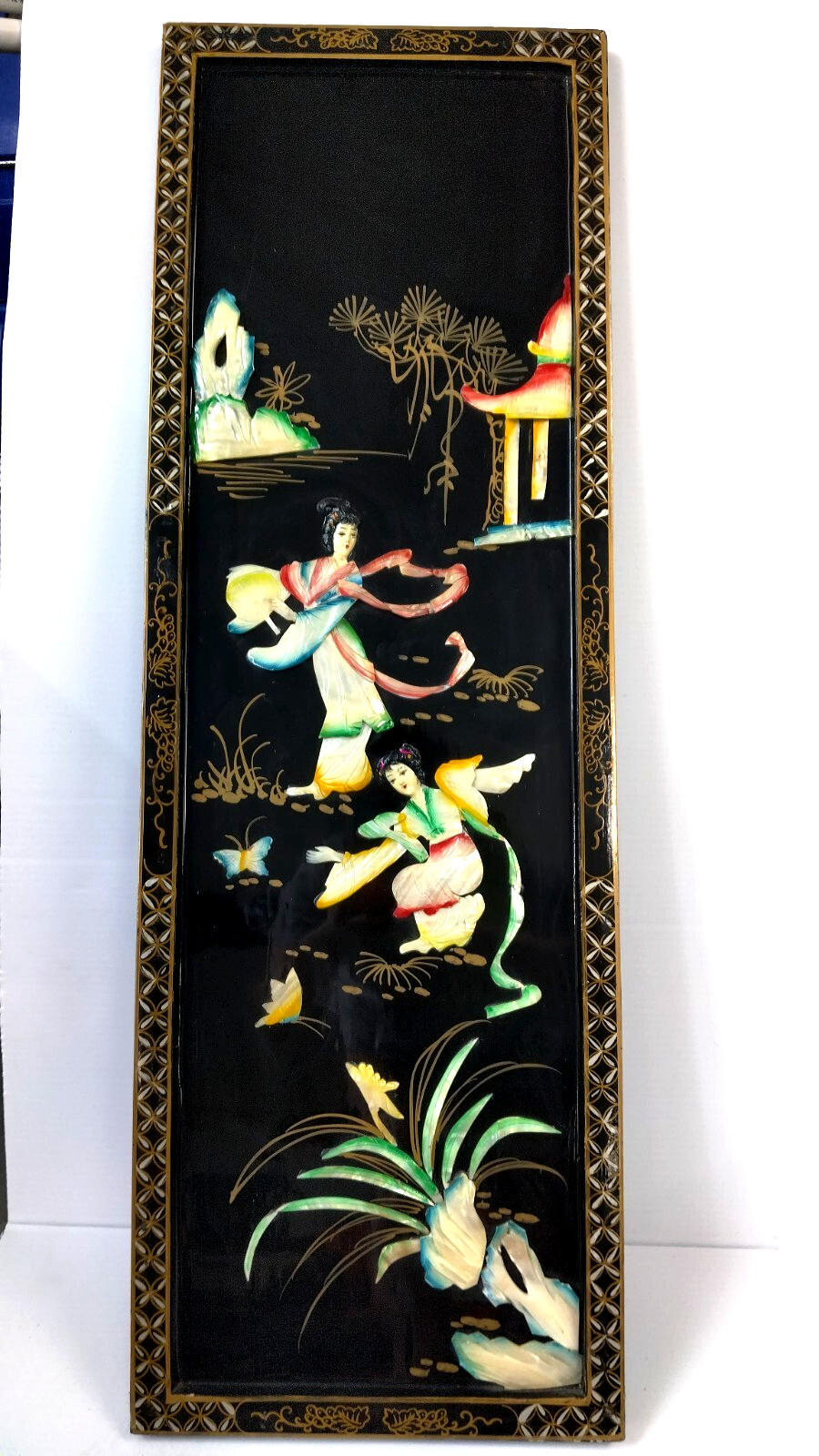 Set of 4pcs vintage Asian Black Lacquer Mother of the Pearl wood panels 12×36