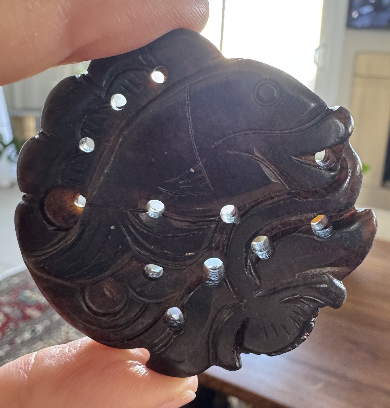Vintage Chinese Carved Black Onyx Pi Donut Pendant Fish Motif