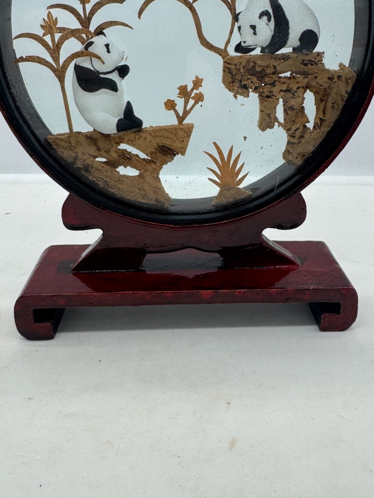 Vintage Chinese Cork Diorama Panda Bears Dark Wood Frame