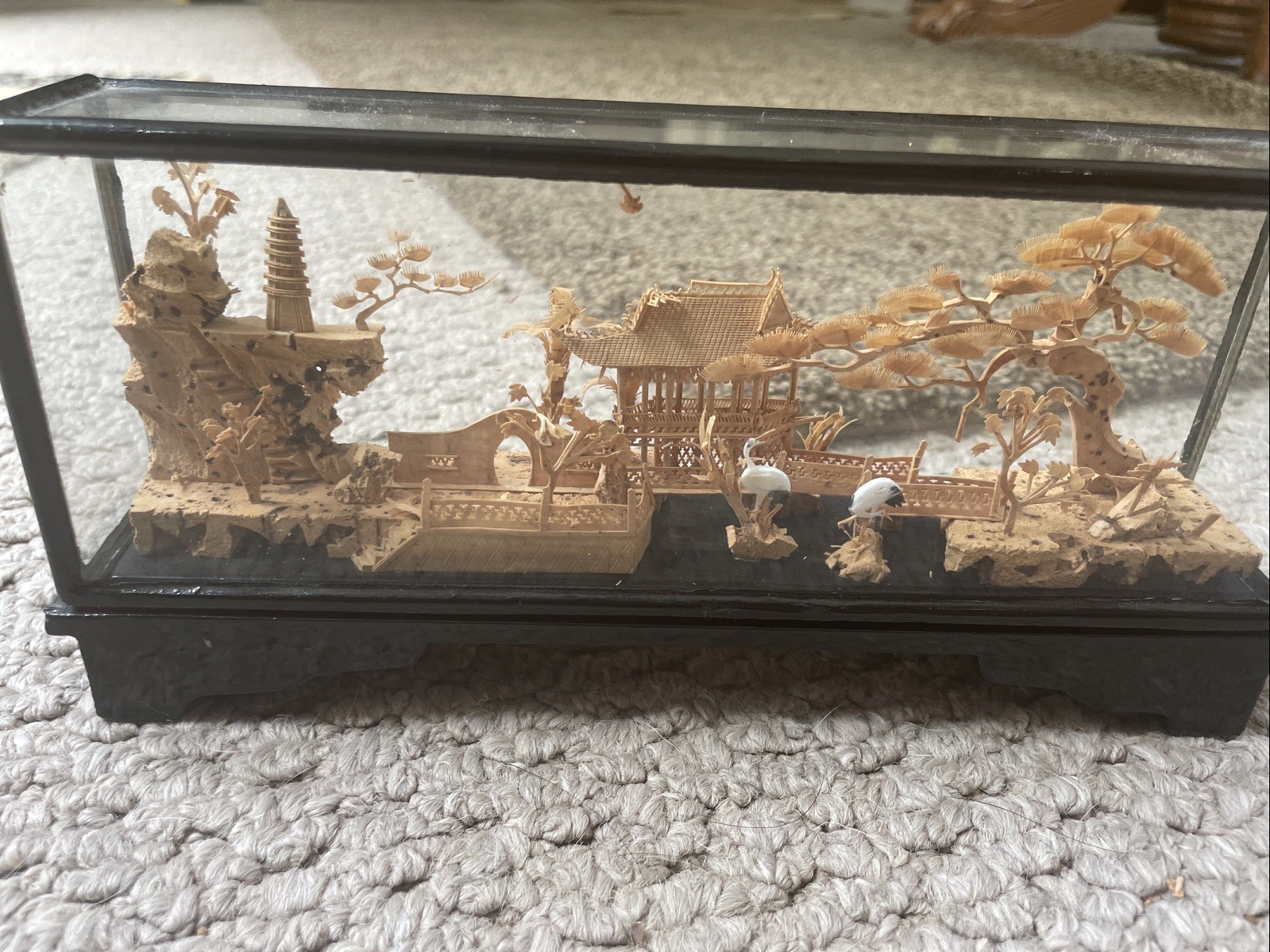Vintage Chinese Hand Carved Cork Diorama with Pandas – 9.5 Base 3.5 Hight