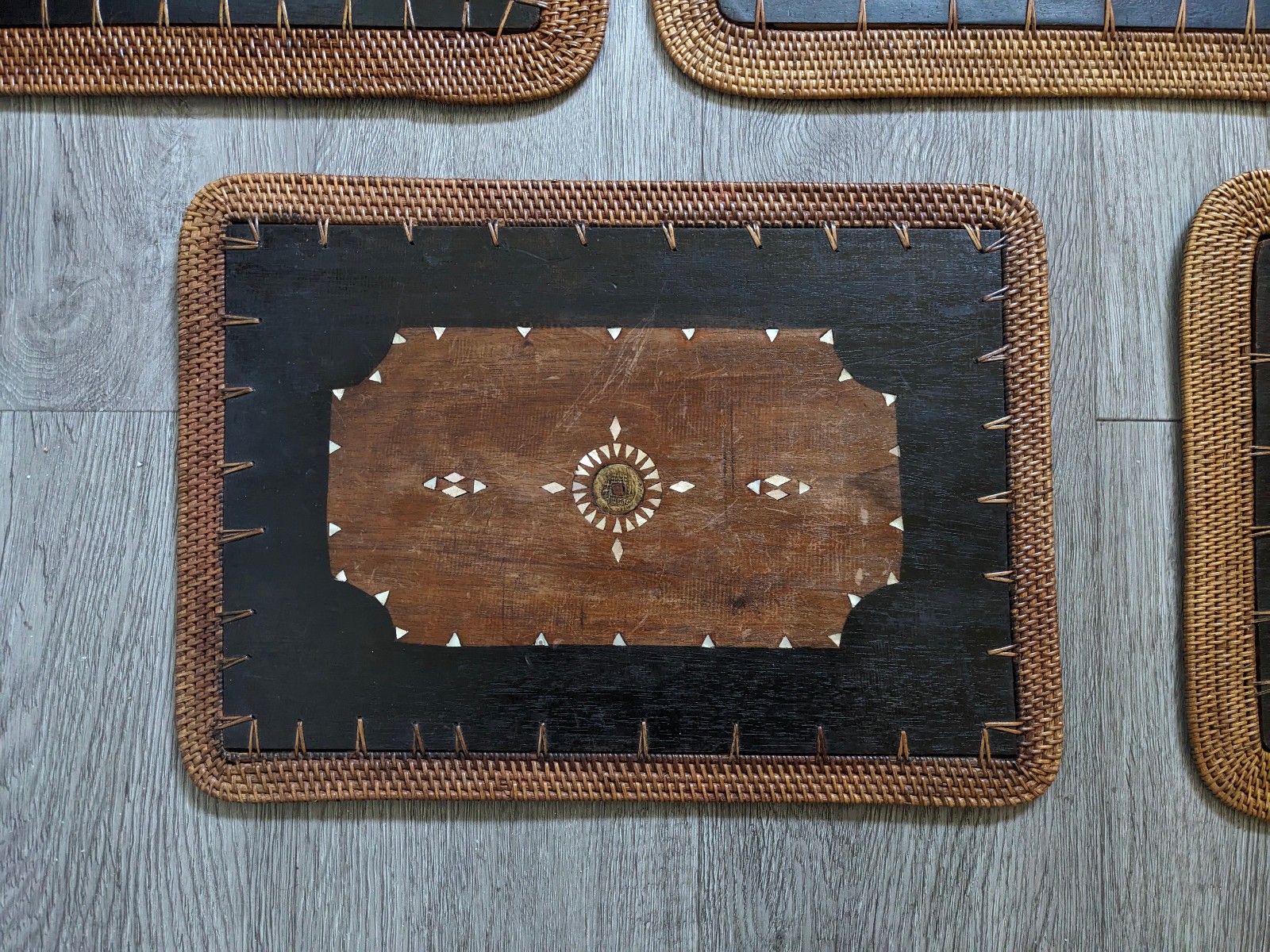 Vintage Mid Century Rattan Wood Placemats Shell Inlay Chinese Coin Boho Set of 8