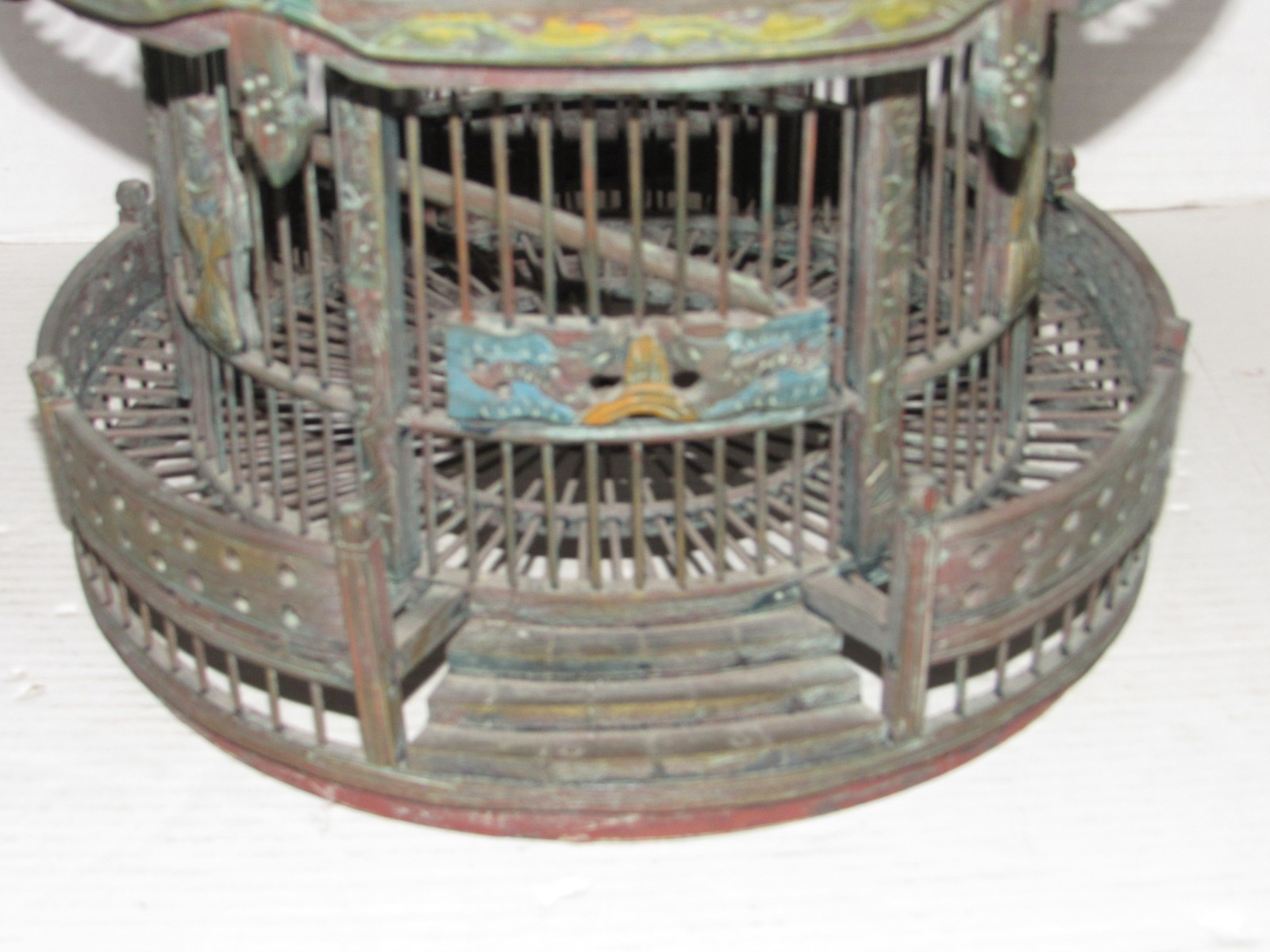 Vintage Chinese Wood Carved Pagoda Bird Cage, Oriental Geisha, Round