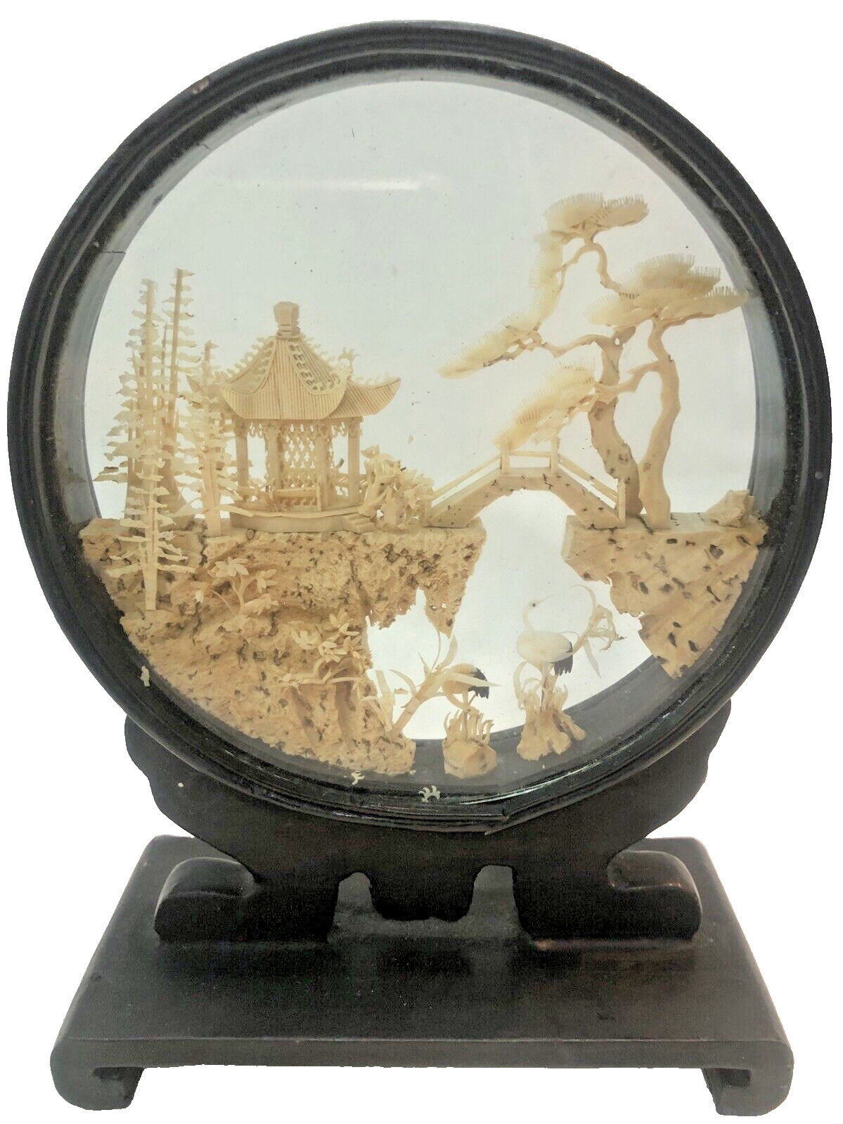 Mid 20th Century Chinese Cork Carving Landscape Art Pagoda Trees Cranes 6 1/2”