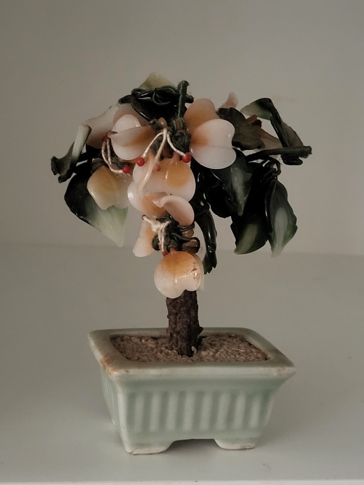 Vintage Glass/Jade Bonsai Tree Dark Green Leaves Peach Flowers Green Base