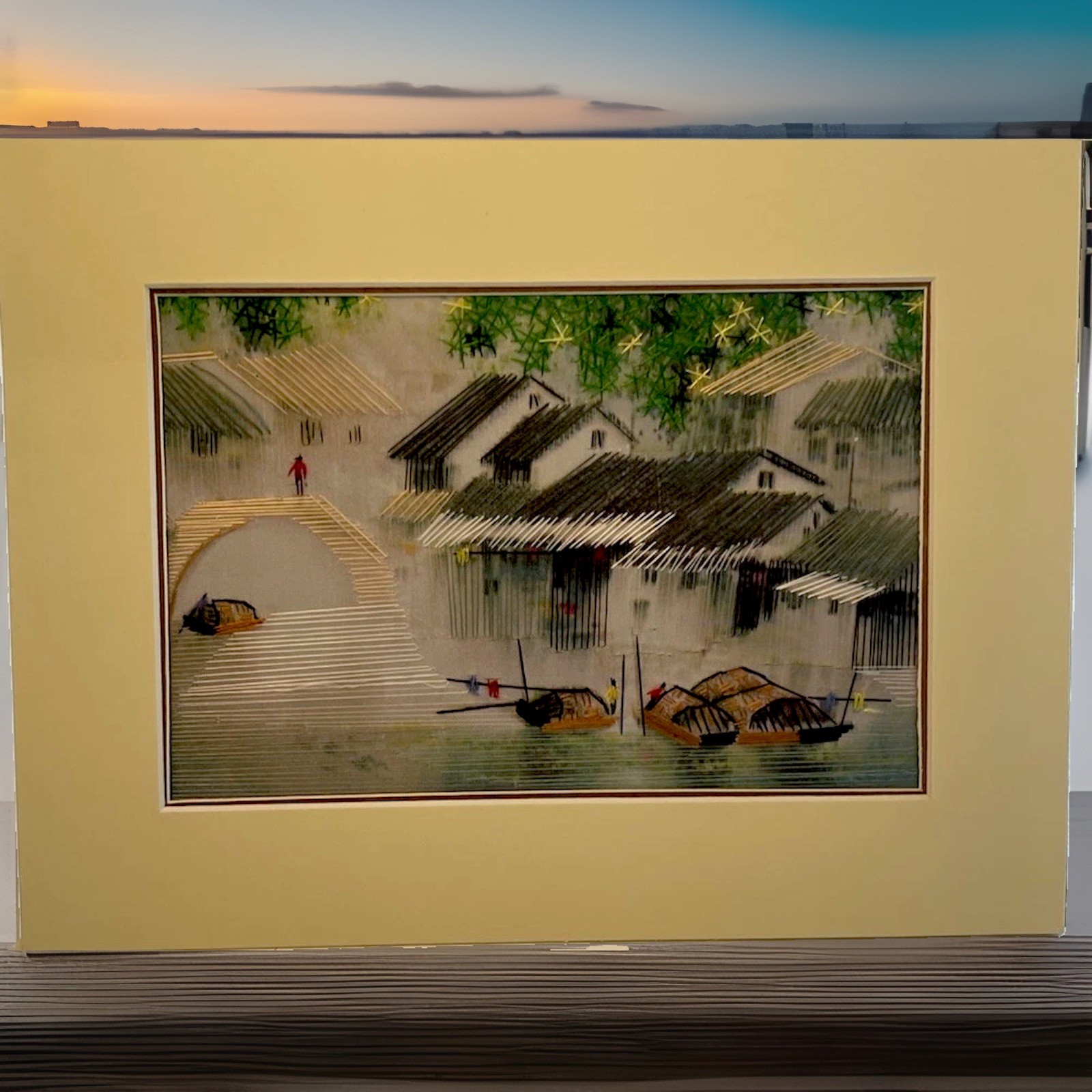 Chinese Silk Tread Art In A 7.5 X 9.5 “ Matt. No Frame. Beautifully Done.