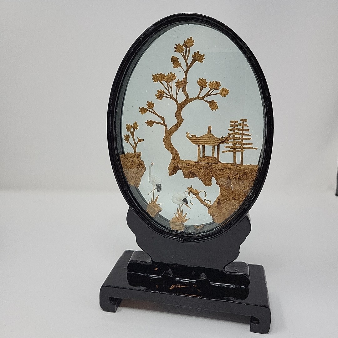Vintage Oval Chinese 3D Art Wood & Cork Diorama Asian Crane Tree on Pedestal
