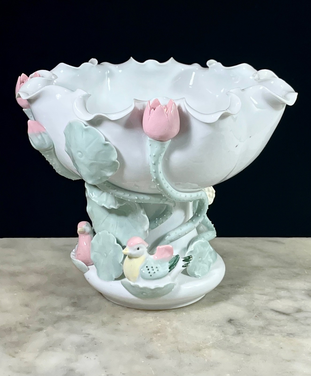 Vintage Chinese Porcelain Blanc de Chine White Lotus Footed Bowl Lily Pads Ducks