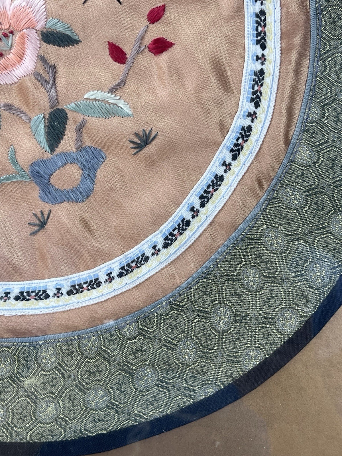 Vintage Chinese Silk Embroidery Art 10.5” Round Floral & Butterfly in 13” Frame