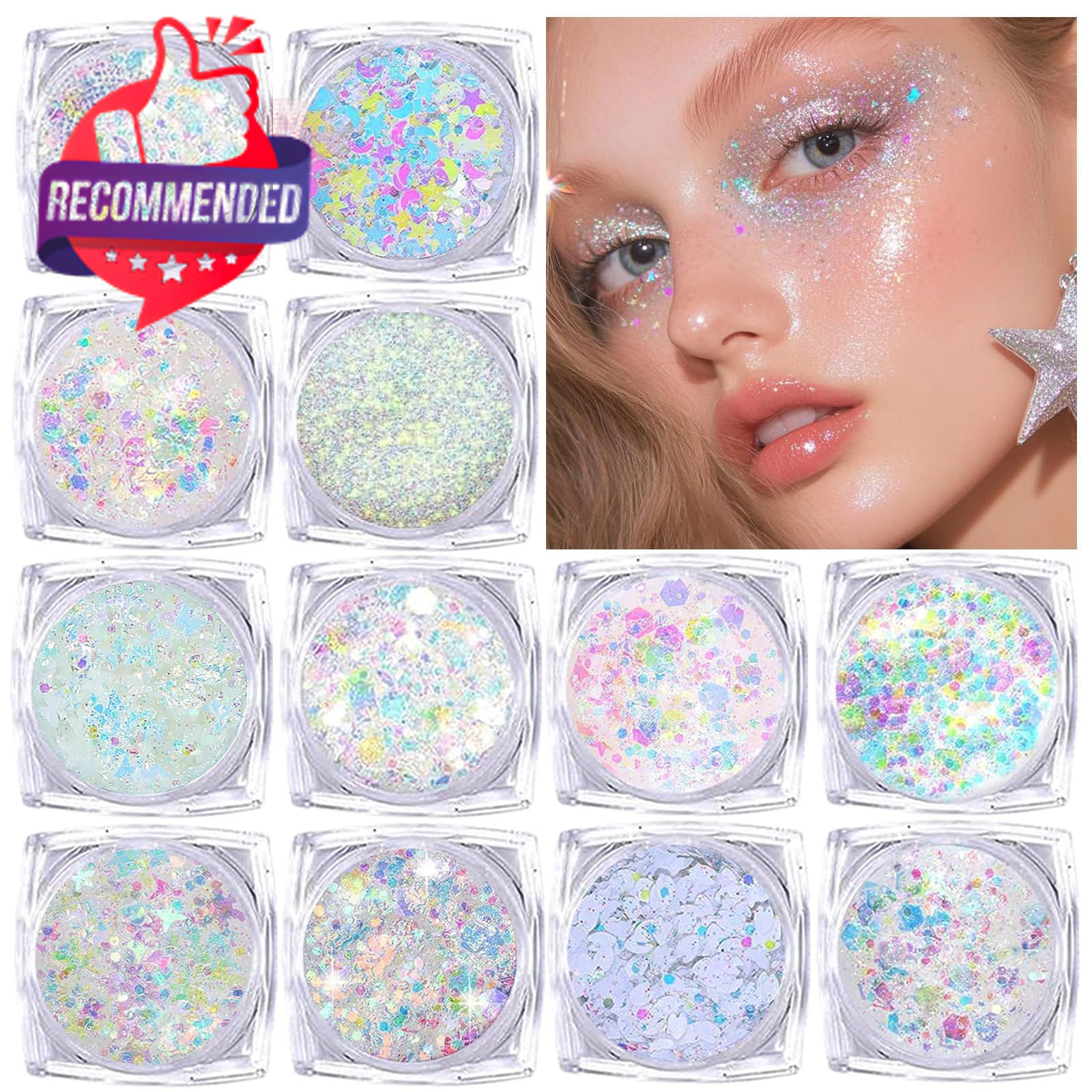 Body Glitter Face Glitter, Hair for Kids, 12 Shapes Fine Chunky White