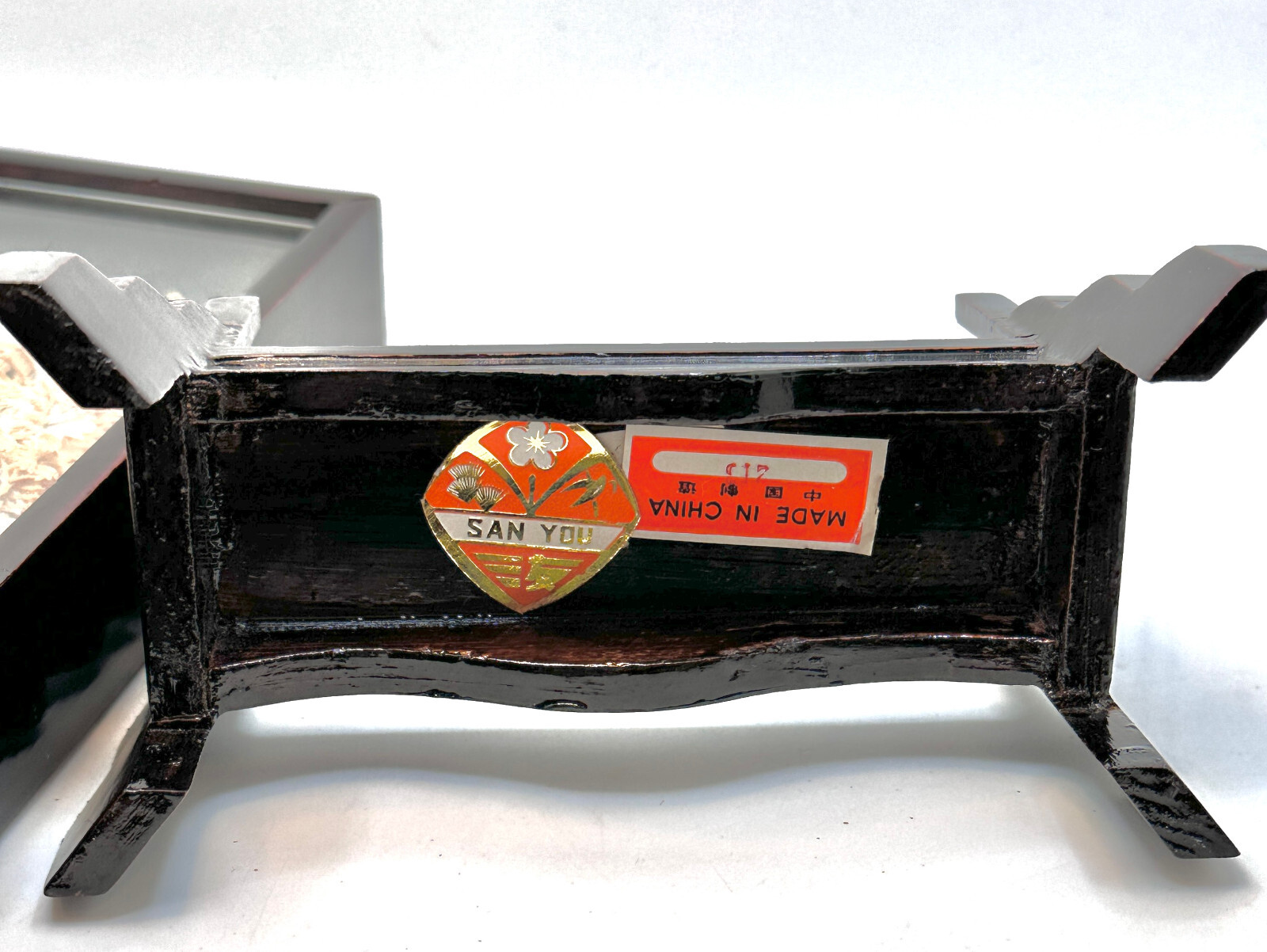 Vintage Hand-Carved Asian Cork & Wood Pagoda Diorama Black Lacquer Stand San You