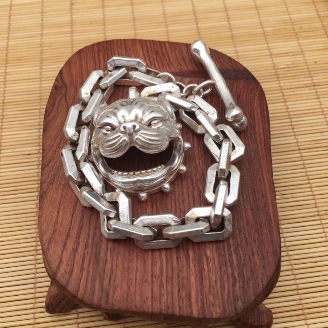 Silver Plated Alloy Men Bracelet Dog Head Bite Bone Punk Style Fashion Jewelry