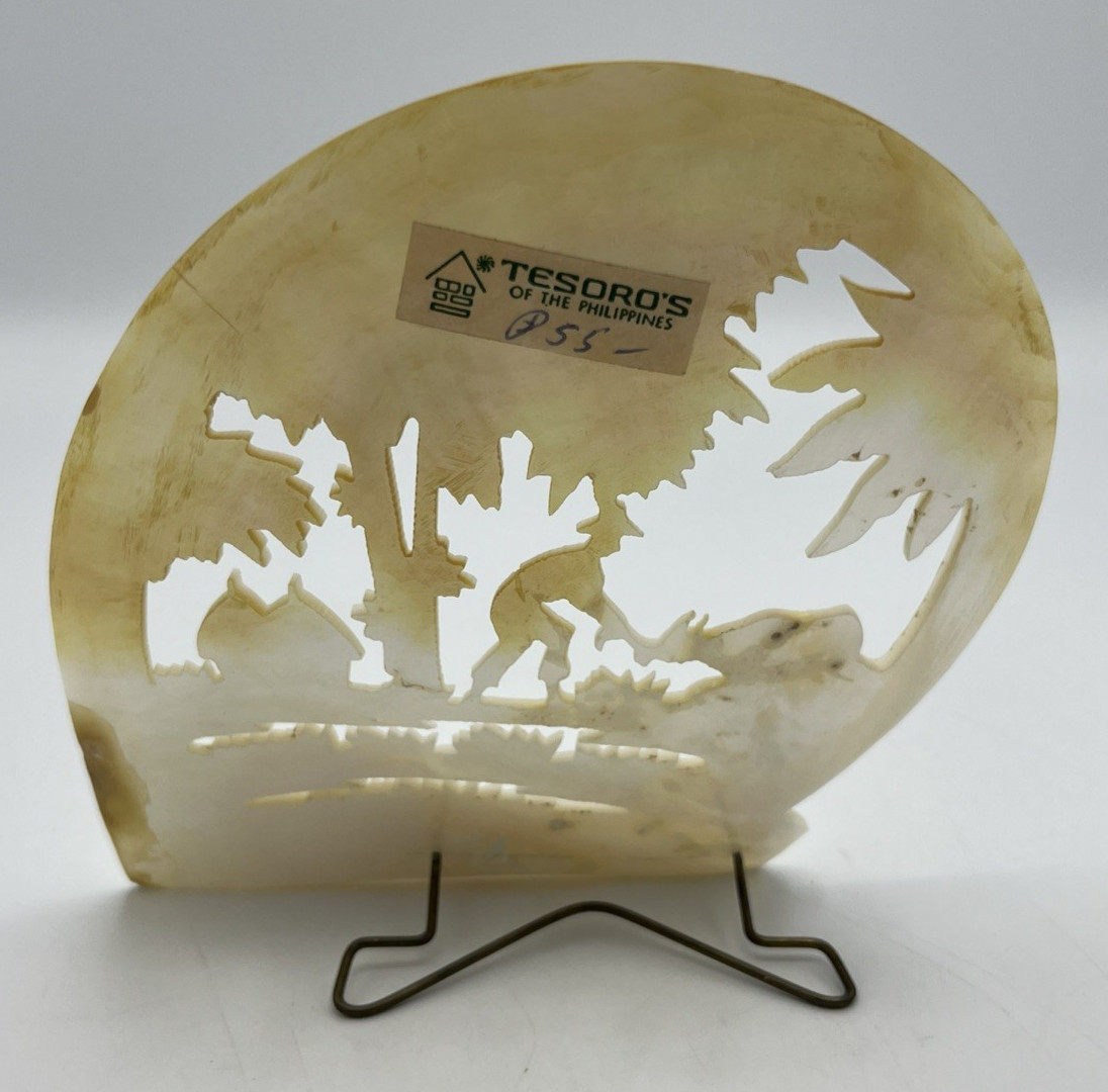 Carved Mother of Pearl Shell Asian Scene with Stand 6″ Tall