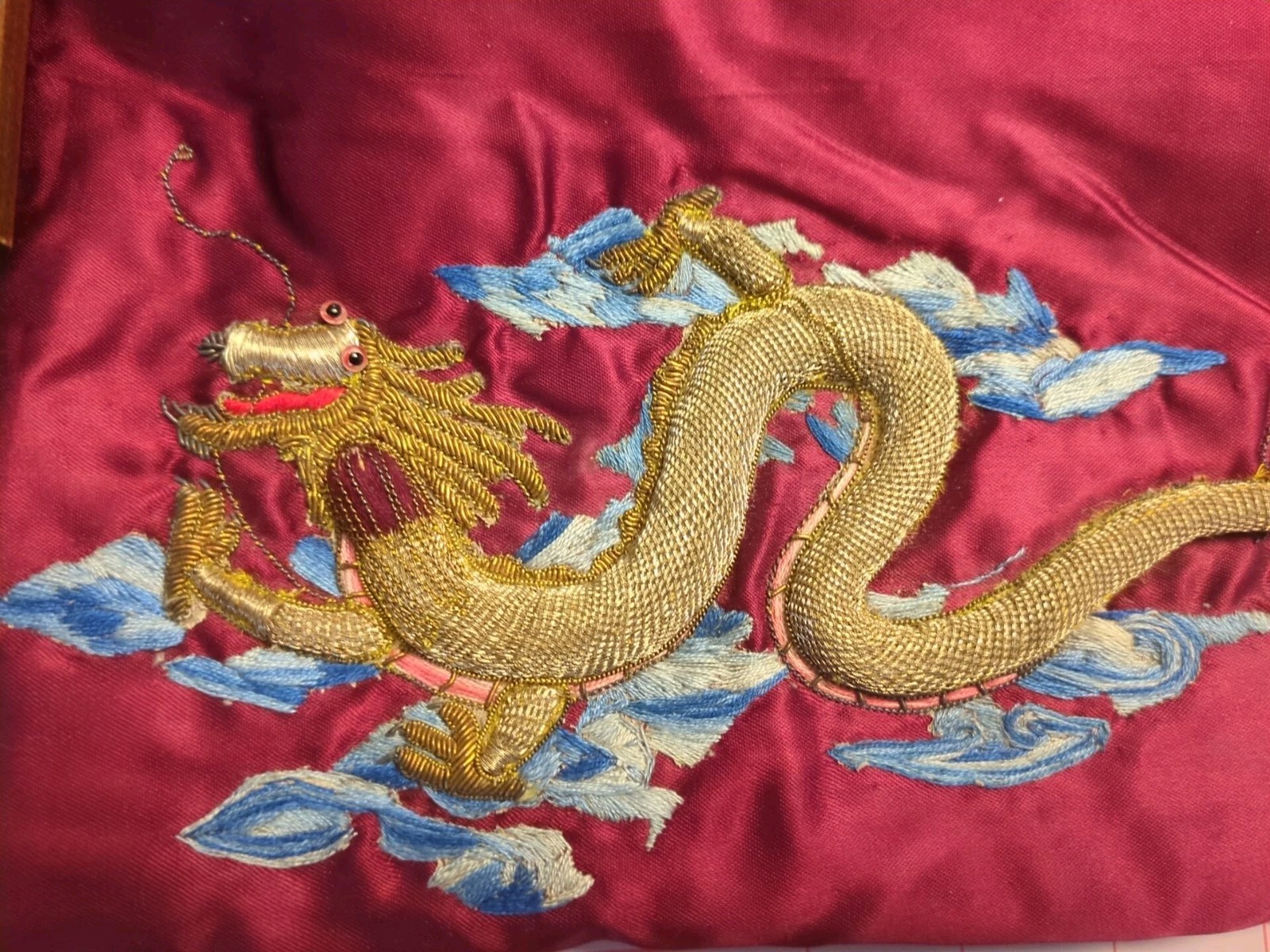Antique Tray, Silk & Gold Thread Dragon, Framed Silk Panel