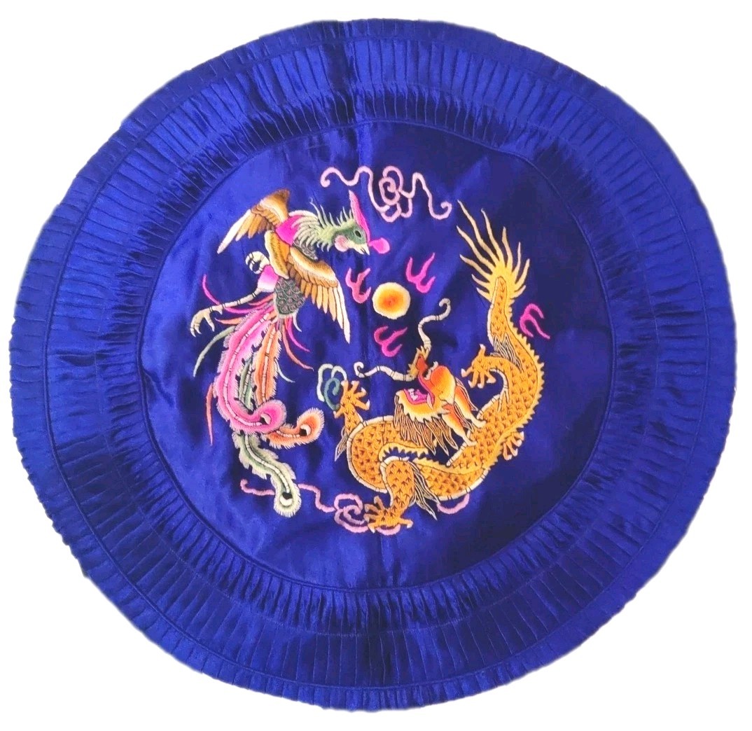 Golden Bee Vintage Chinese Silk Pillow Blue With Dragons & Phoenix 1980’s