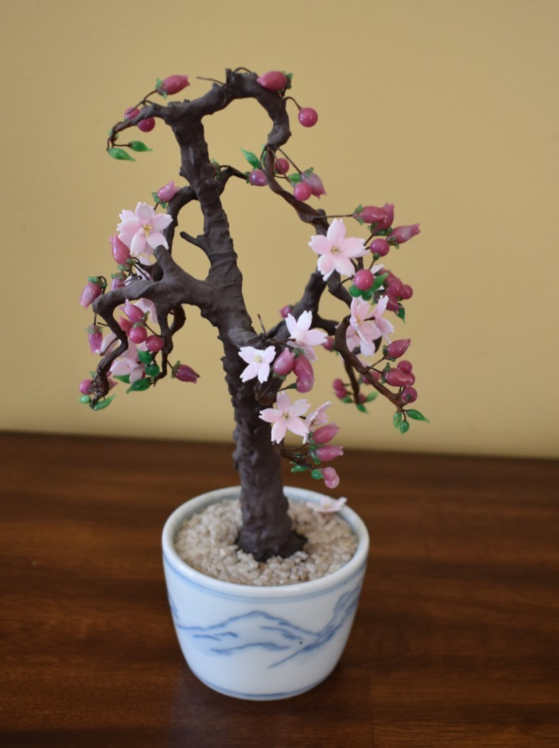 Vintage Chinese glass Cherry Blosson Bonsai Tree, made in Japan h- 9 in