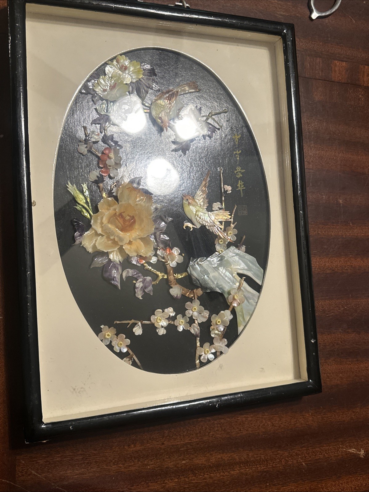 Mother of Pearl Shell Oriental Carved 3-D Wall Art with Flower/Bird Design