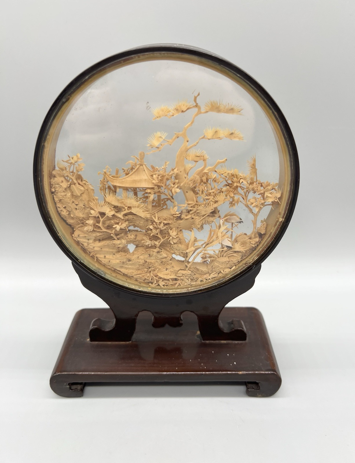 Vintage Chinese Cork Carving Encase Round Diorama Pagoda Trees Cranes 7″