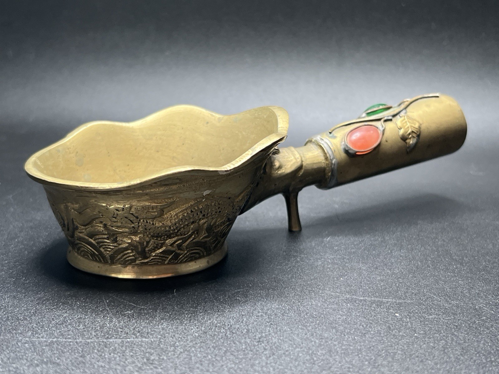 Vintage Brass Silk Iron Asian Dragon Design Cabochon Handle Made In China
