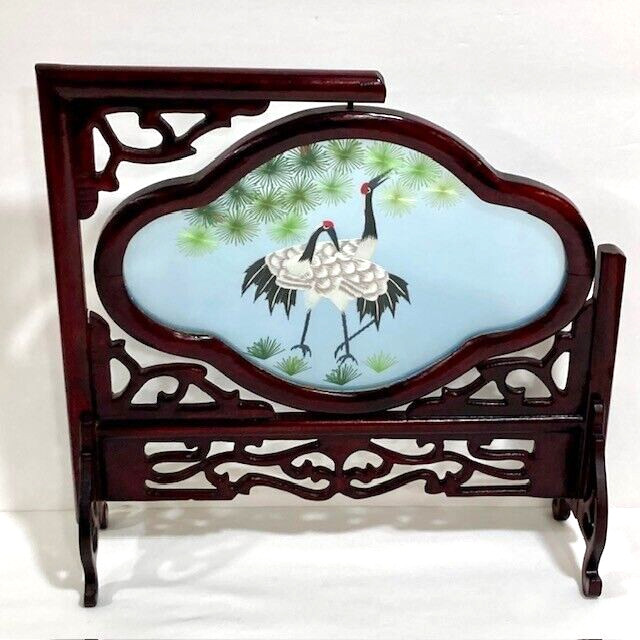 Chinese Oriental Asian 2 Sided Embroidered Cranes Screen Wooden Stand Holder