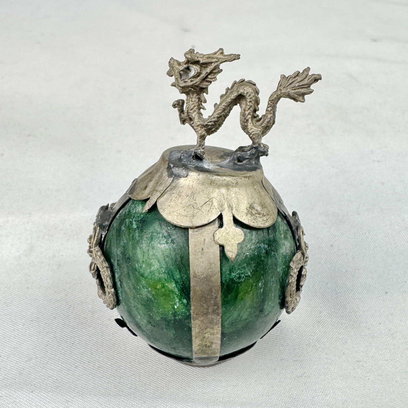Vintage Chinese Zodiac DRAGON Green Marble Orb, Pewter/Tin Finial, Dragon Motif