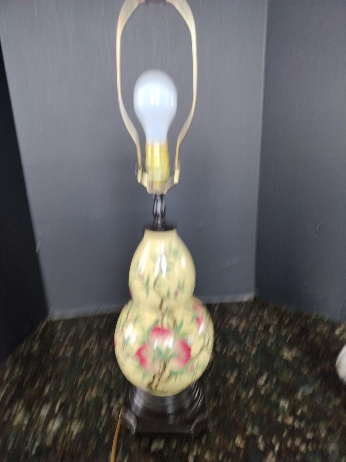 Vintage Chinese Yellow Gourd Vase Lamp – Butterflies & Flowers – Working 27″