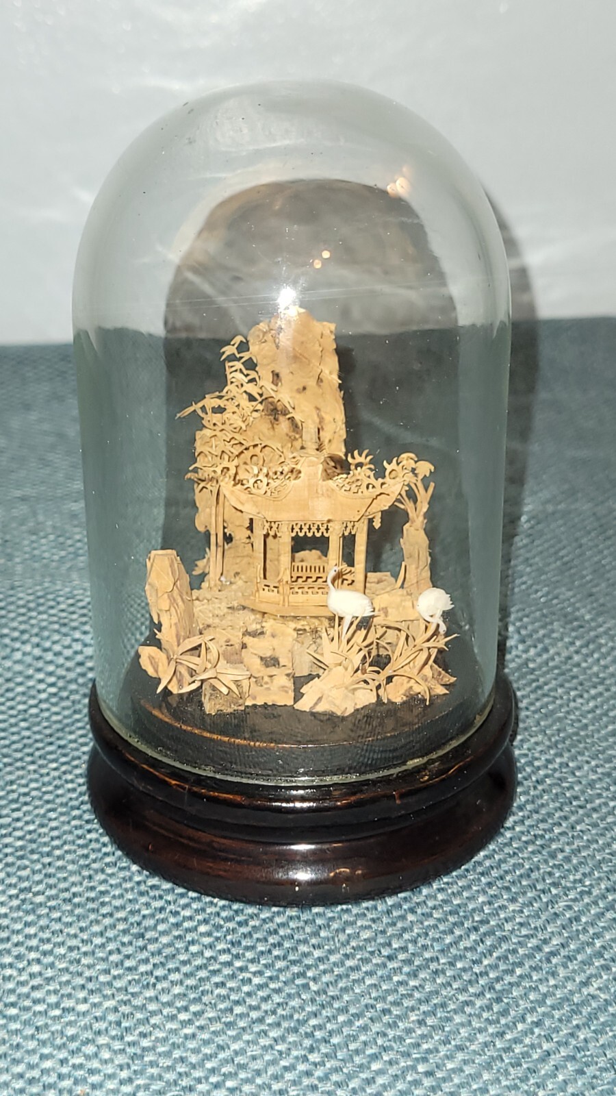 Vintage 5″ Chinese Diorama Pagoda Cork Carving Trees & Cranes Scenic Sculpture