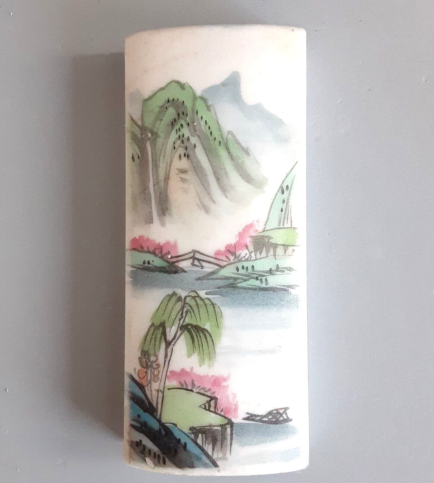 Chinese Hand Painted White Marble Stone Paperweight Landscape 2*4.5