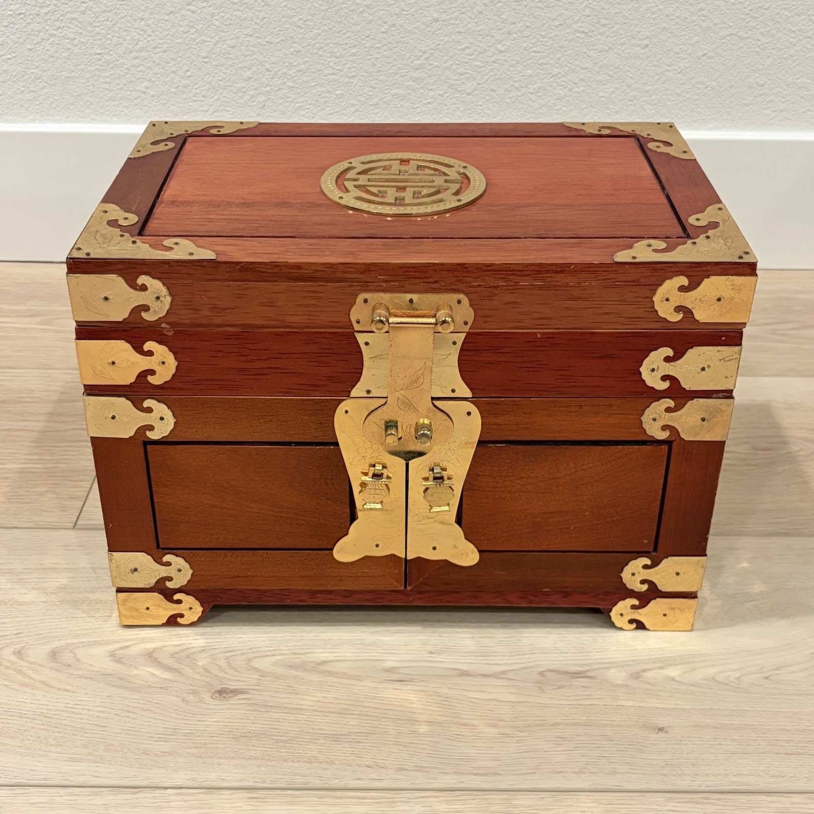 Large Chinese Rosewood & Brass 3 Drawer Flip Top Jewelry Box Longevity Symbol