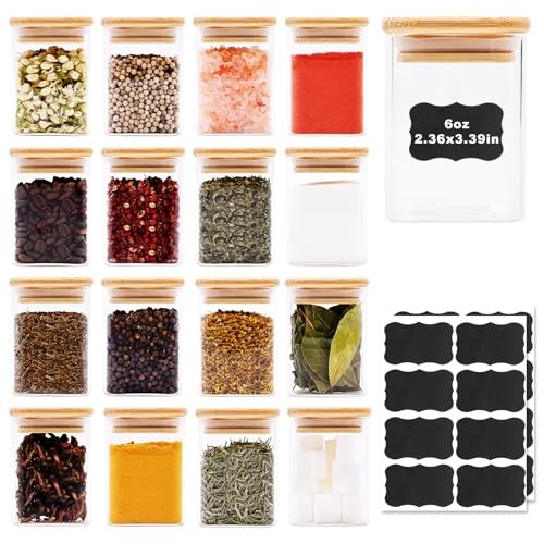 Glass Food Storage Jars Square 6oz, 16 Pack Glass Jars With Bamboo Lids, 6oz*16