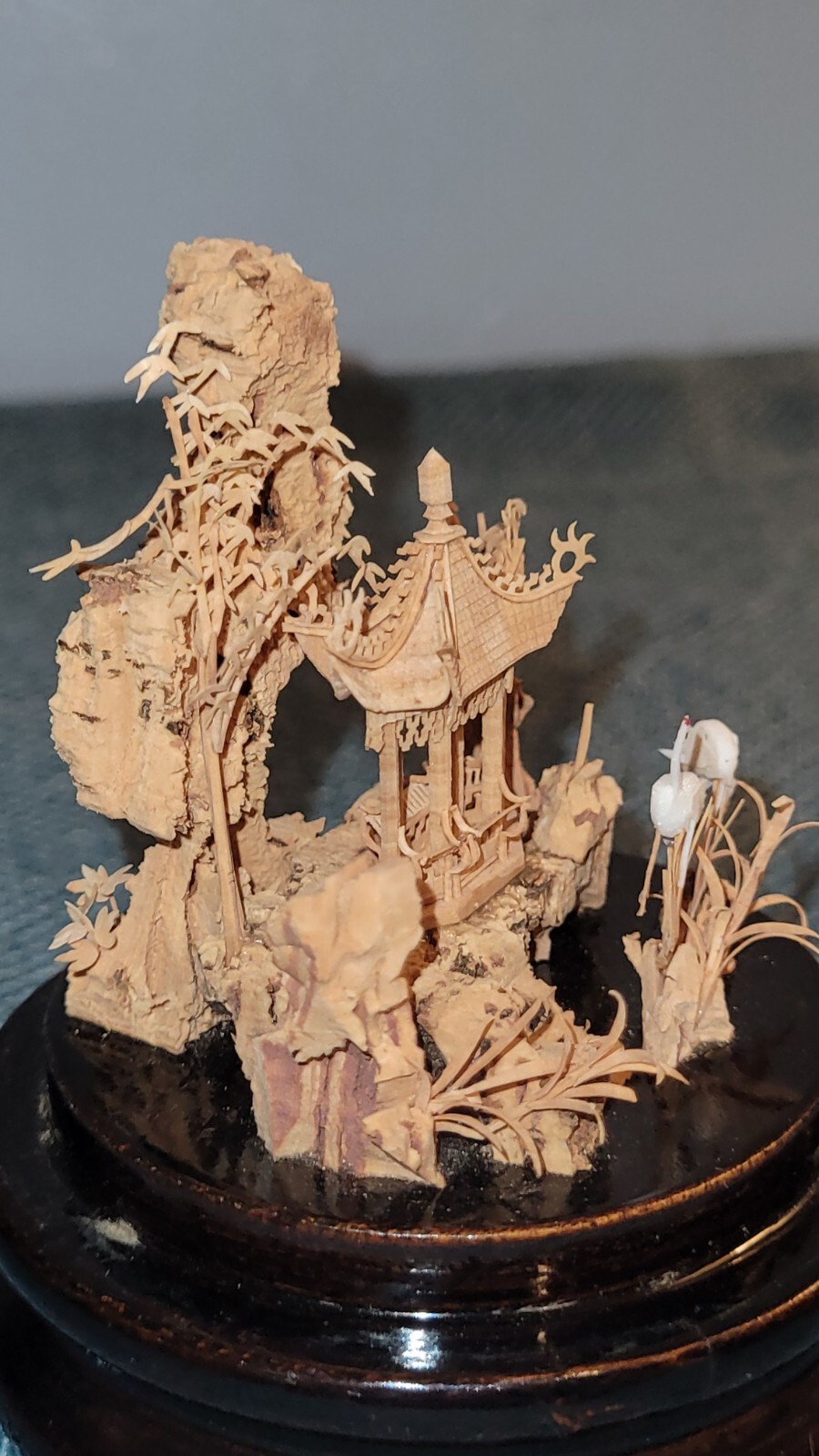 Vintage 5″ Chinese Diorama Pagoda Cork Carving Trees & Cranes Scenic Sculpture