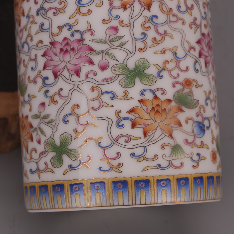 4.2″ China Colour Enamels Porcelain White Glaze Lotus Flower Branch Brush Pot