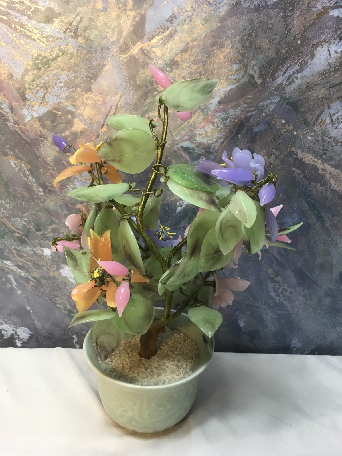 Oriental Bonsai Jade Color Art Glass Flowers Tree Celadon Porcelain Pot 12″-READ
