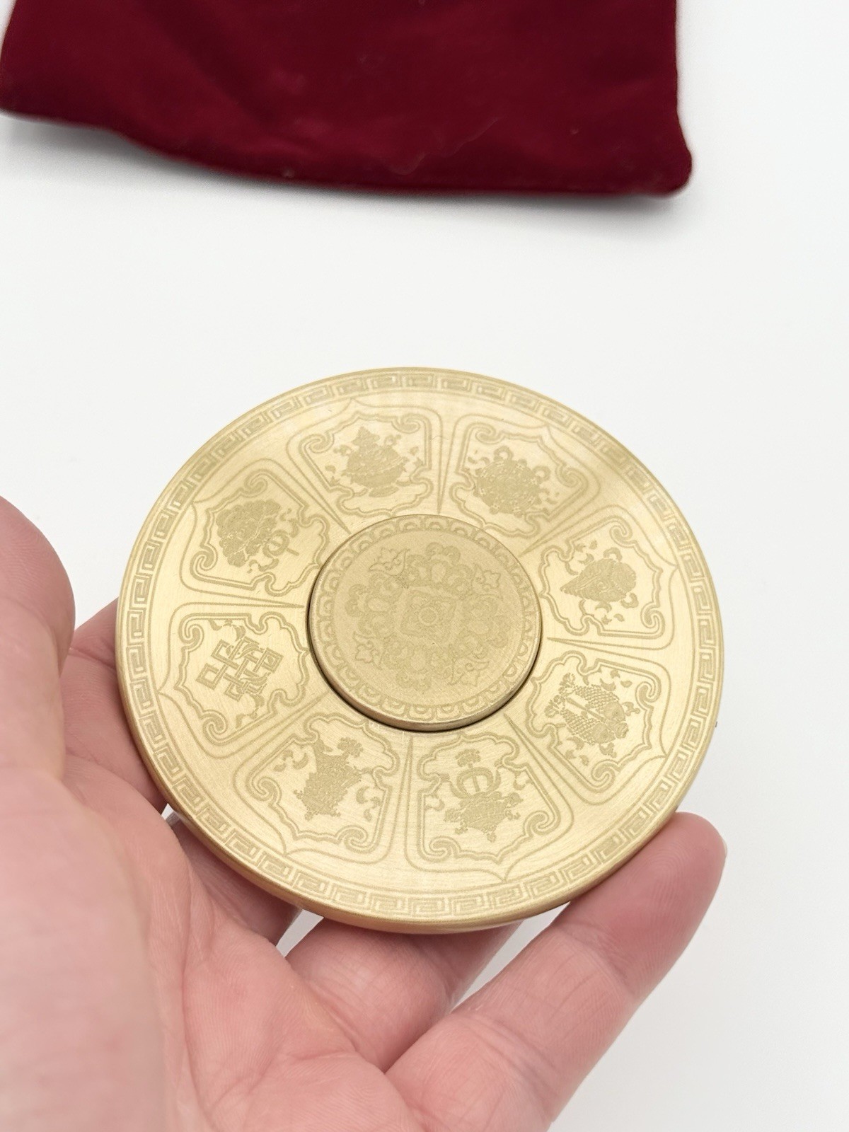 ZBR Copper Art Chinese Spinning Fortune Medallion Zhu Bingren w/ Velvet Pouch