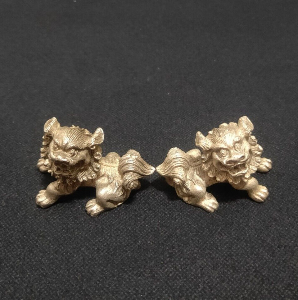 Collectible old tibet silver carved pair foo fu dog door lion guardian statue