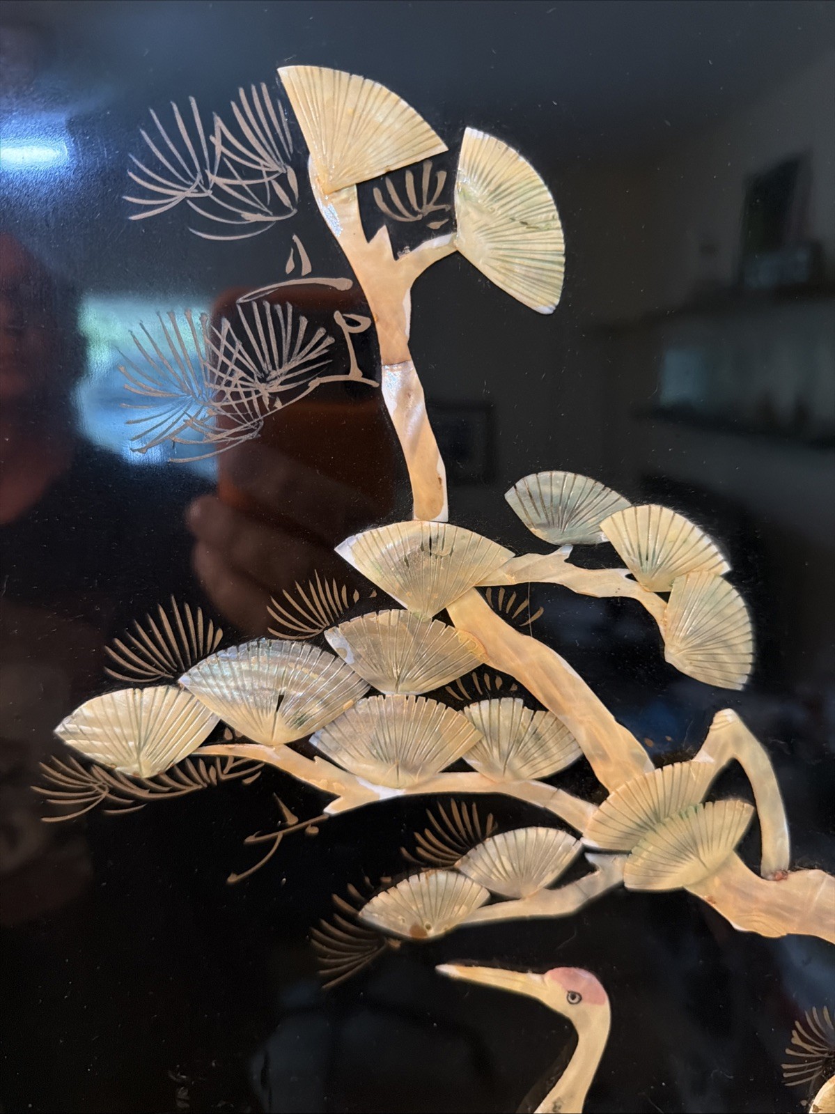 VTG 50’s Chinese Panel Carved Mother of Pearl Birds Crane Tree Black Lacquered