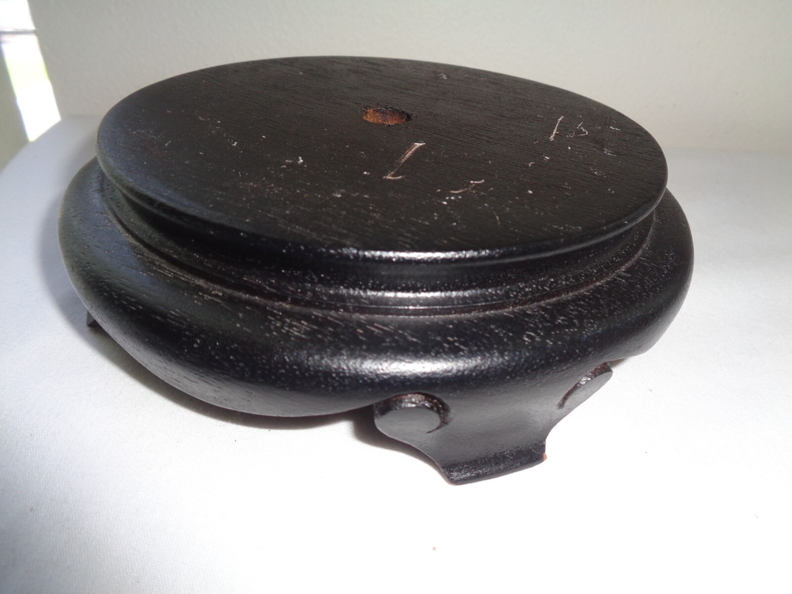Vintage Black Chinese Carved Wood Footed Vase Lamp Stand Base 5″