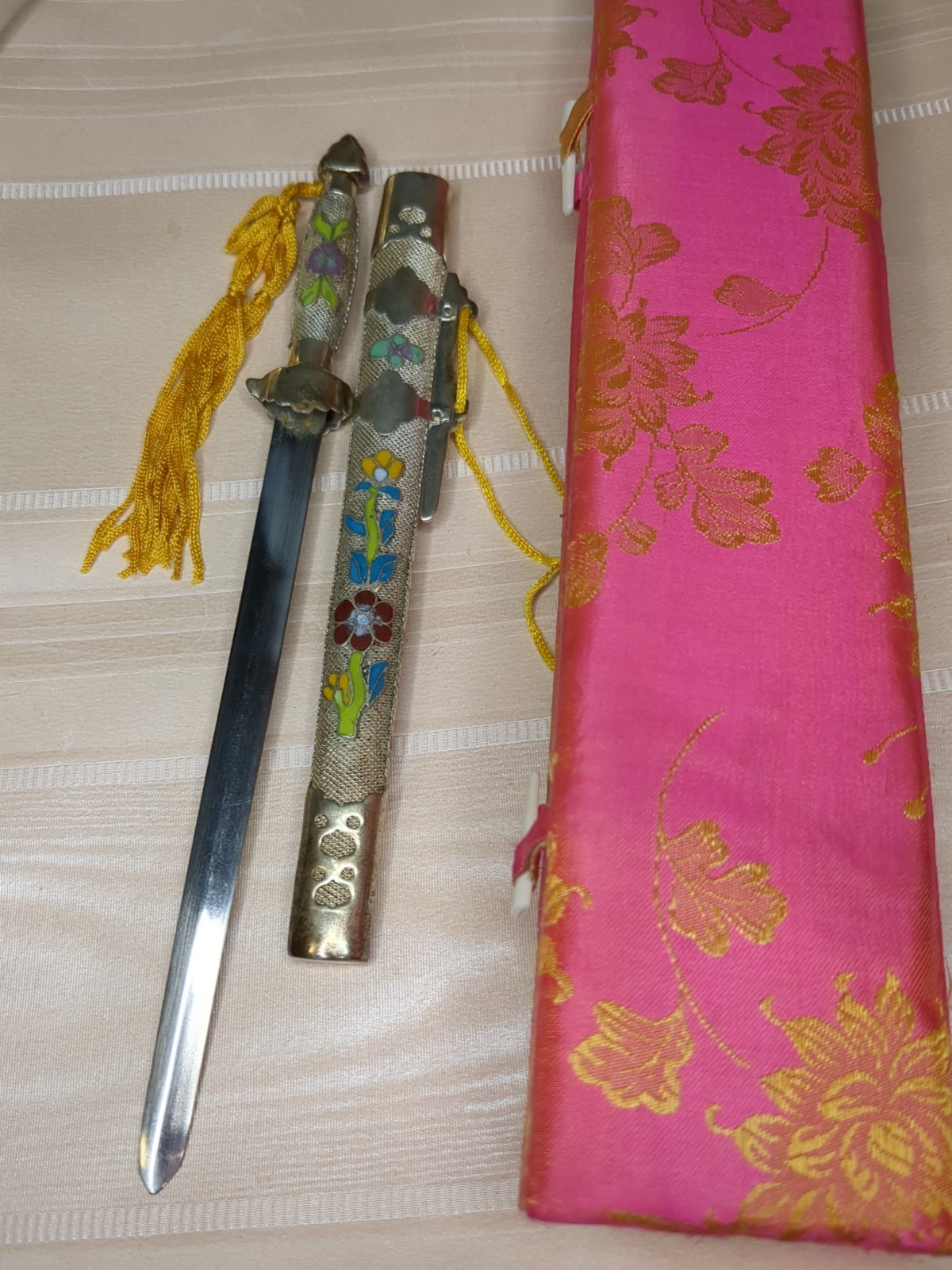 Vintage Chinese Cloisonne Letter Opener Dagger In Brocade Gift Box