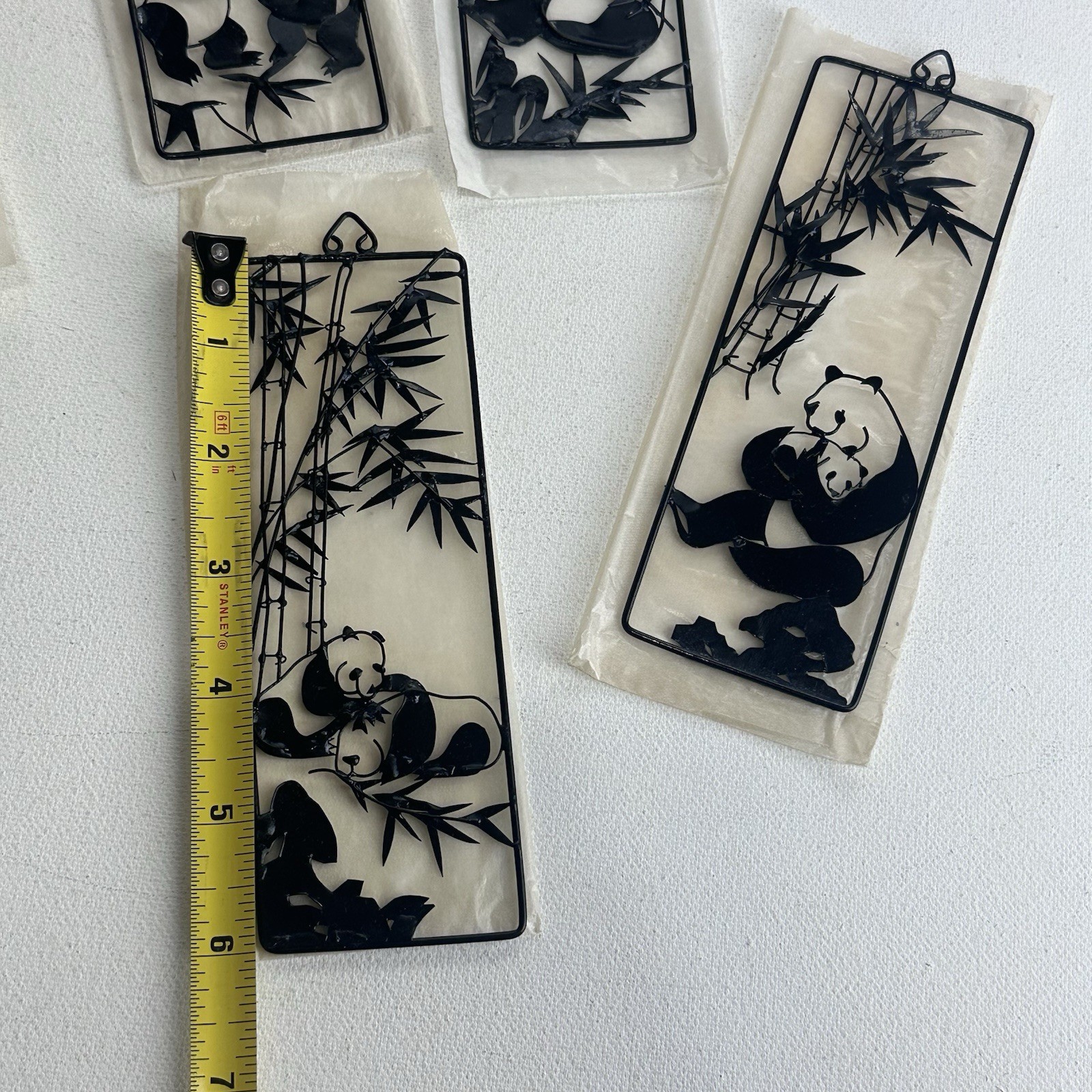 Chinese Iron Picture Panda Bamboo Tin Art Set Of 4
