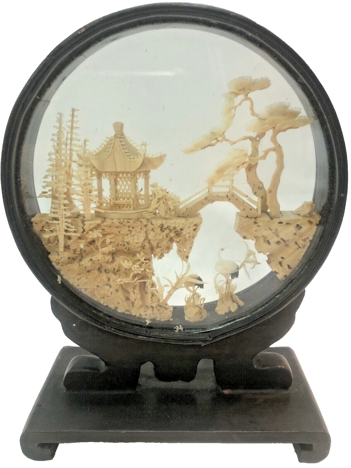 Mid 20th Century Chinese Cork Carving Landscape Art Pagoda Trees Cranes 6 1/2”