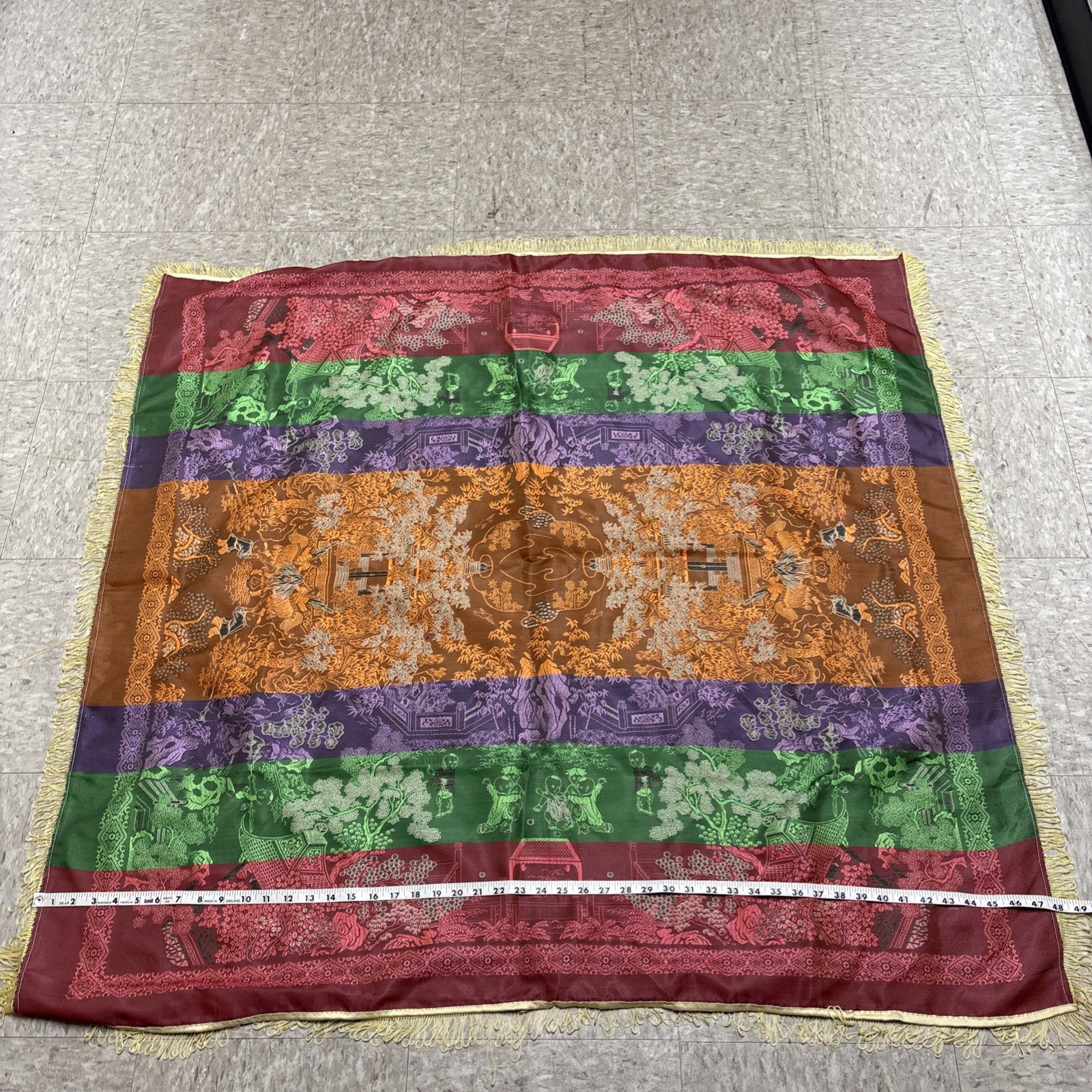 Vtg Brocaded Flowers Chinese Silk Scenic Square Tapestry Table Cloth 46″ X 48″