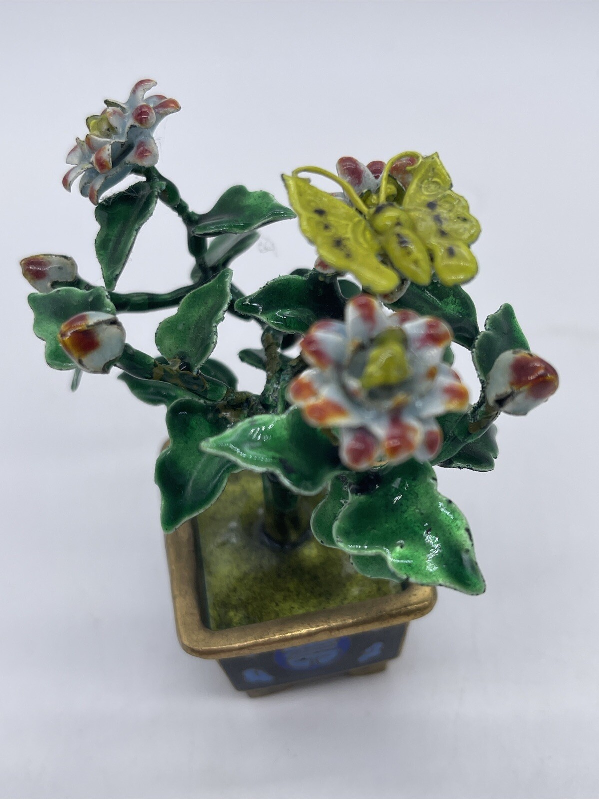 VINTAGE CHINESE METAL GUILLOCHE ENAMEL BONSAI TREE & FLOWERS with CLOISONNE POT