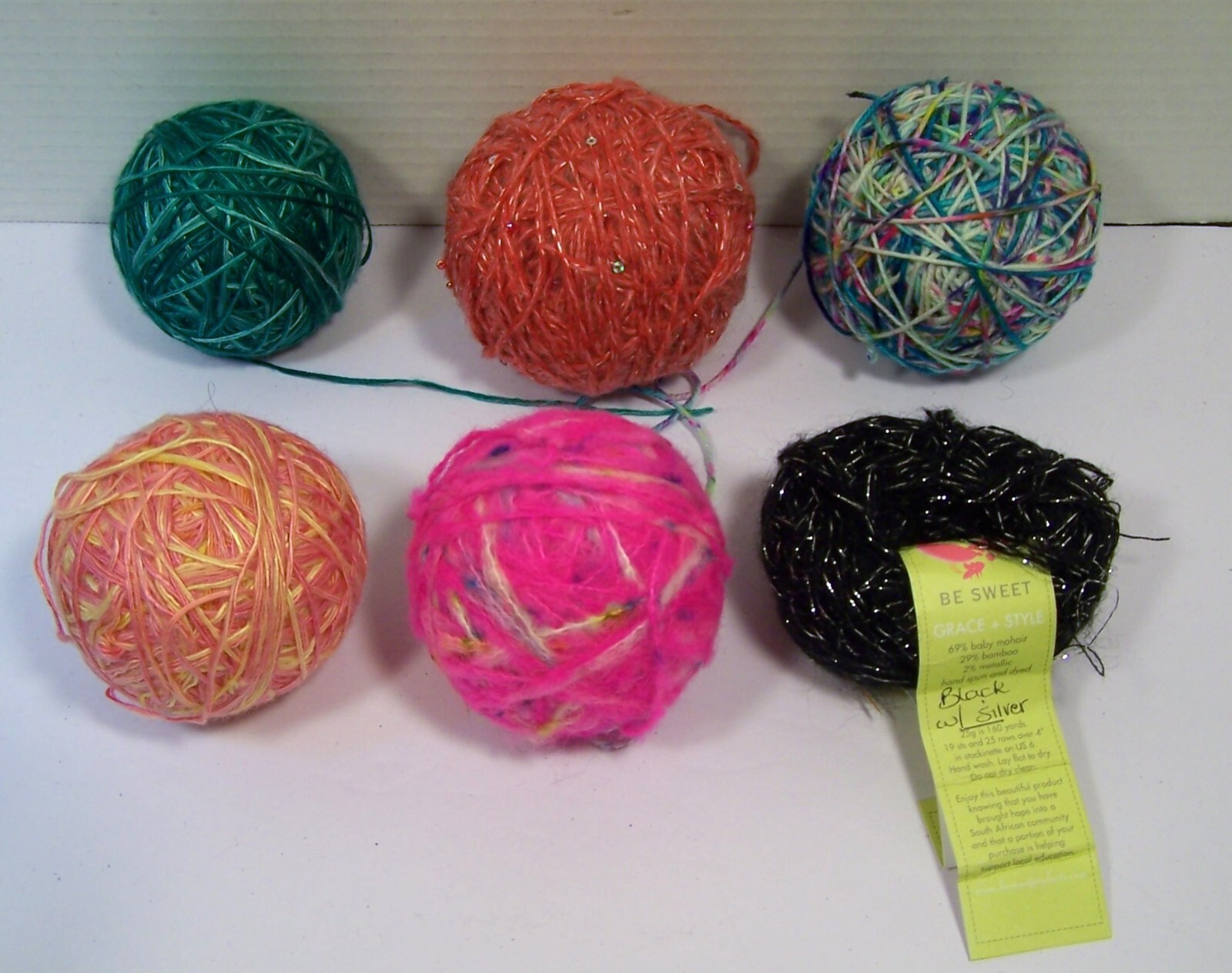 Yarn LOT Assorted Multi-Color Blue Orange Pink Black Metallic Sequin 6 Piece LOT
